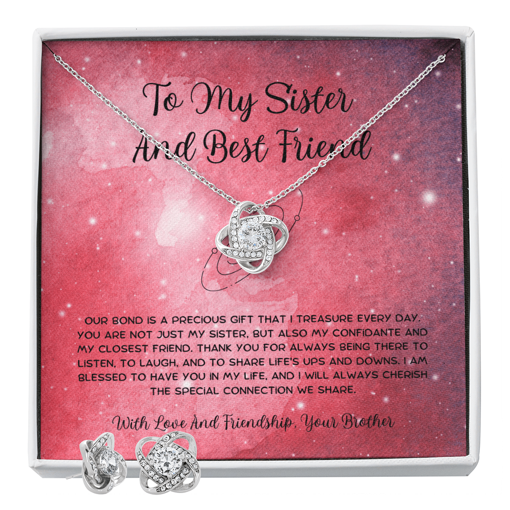 To My Sister And Best Friend - From Brother To Sister Love Knot Earring With Necklace Set
