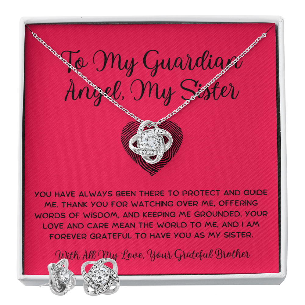 To My Guardian Angel, My Sister - From Brother To Sister Love Knot Earring With Necklace Set