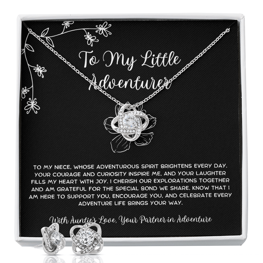 To My Little Adventurer - From Aunt to Niece Love Knot Earring With Necklace Set