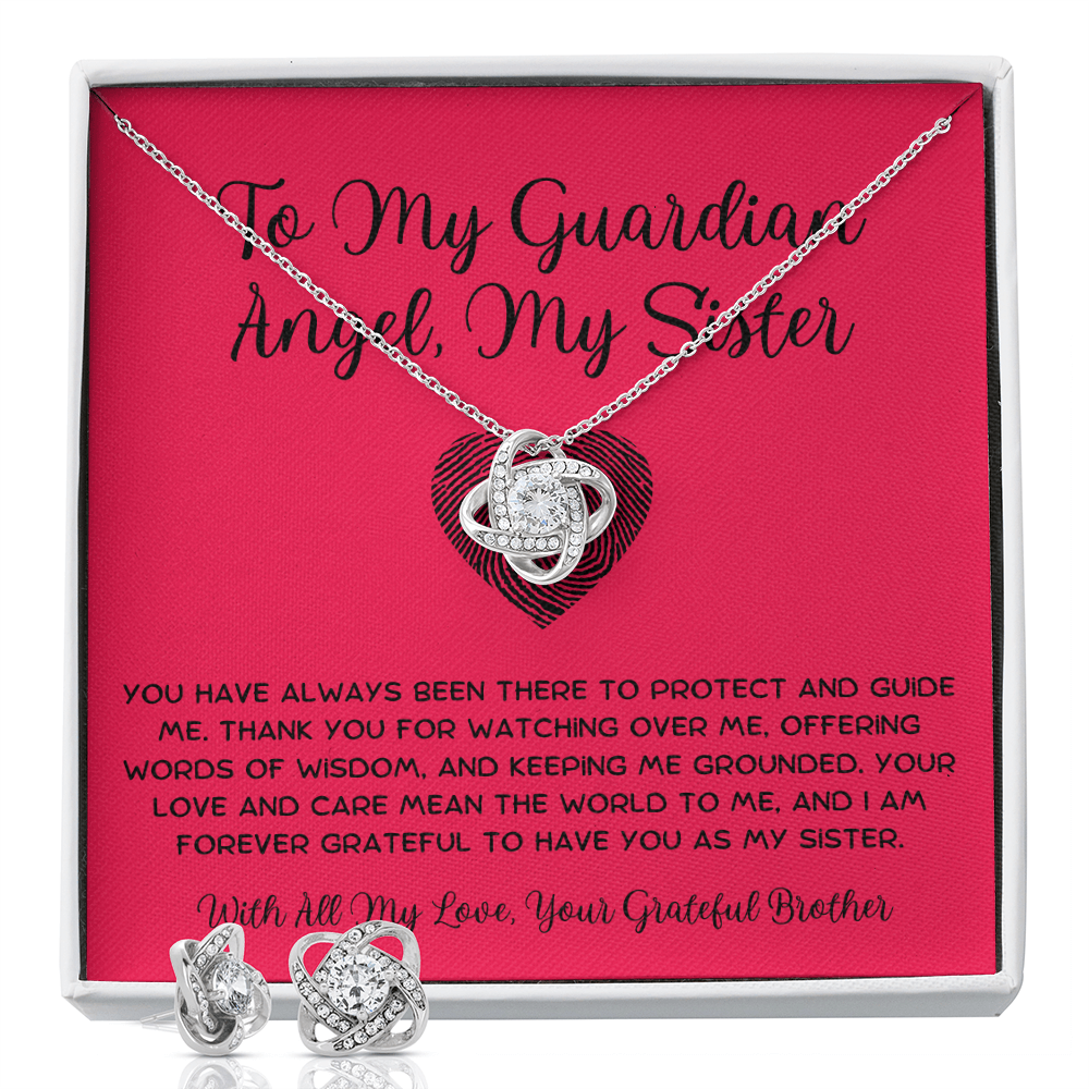 To My Guardian Angel, My Sister - From Brother To Sister Love Knot Earring With Necklace Set