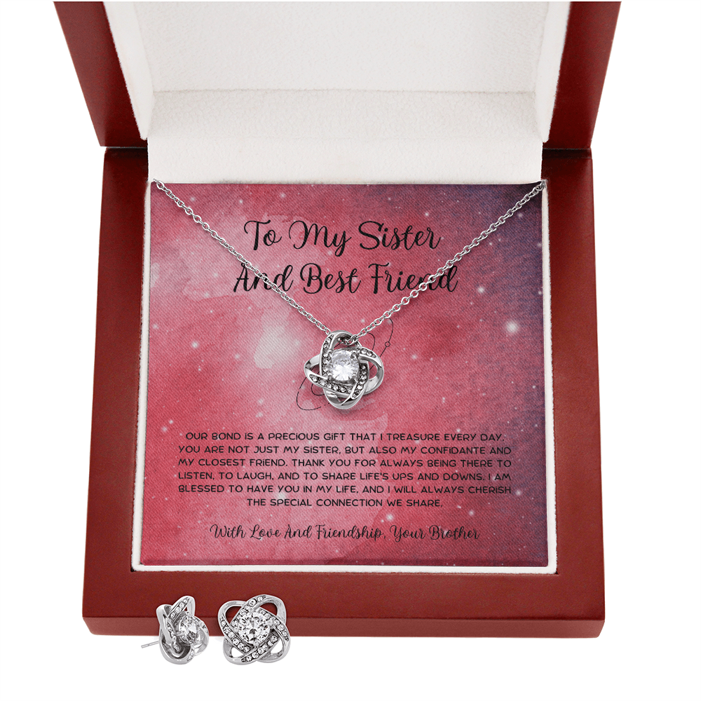 To My Sister And Best Friend - From Brother To Sister Love Knot Earring With Necklace Set