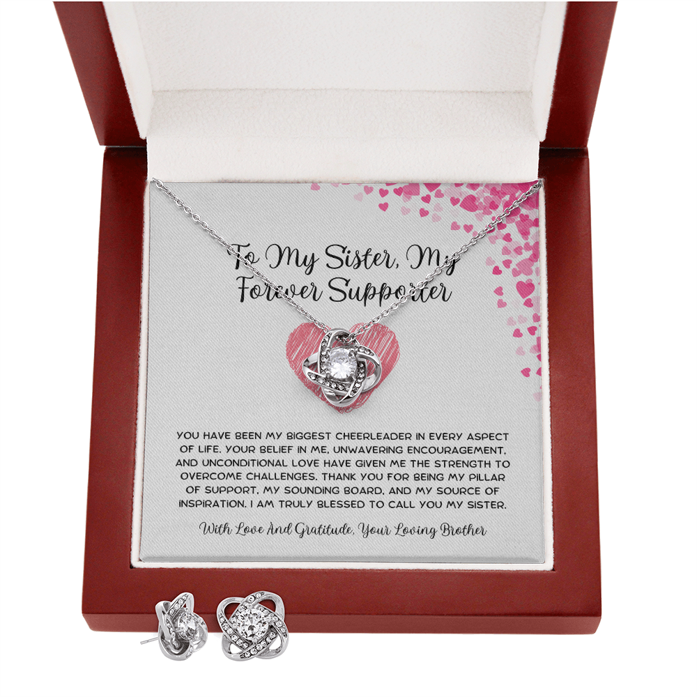 To My Sister, My Forever Supporter - From Brother To Sister Love Knot Earring With Necklace Set