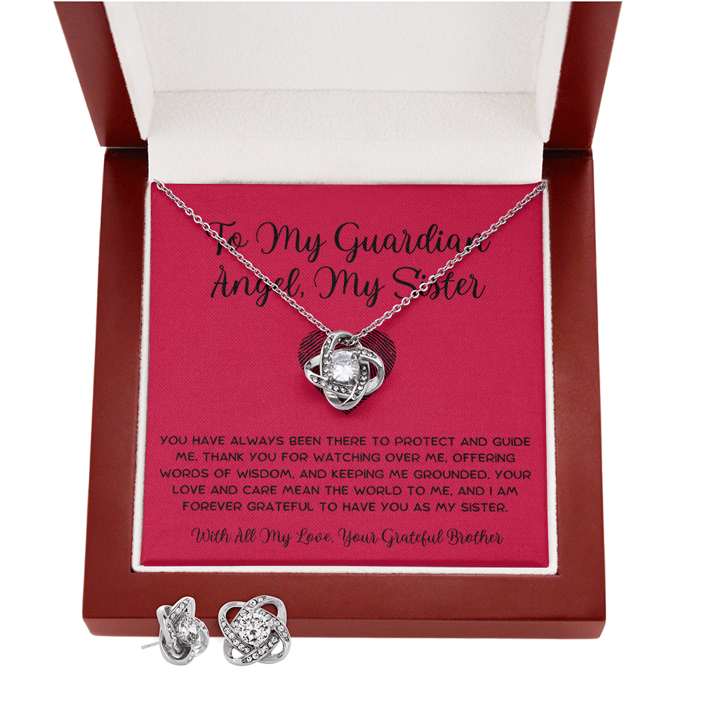 To My Guardian Angel, My Sister - From Brother To Sister Love Knot Earring With Necklace Set