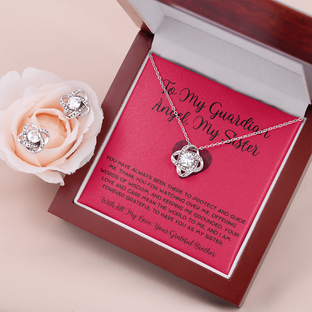 To My Guardian Angel, My Sister - From Brother To Sister Love Knot Earring With Necklace Set