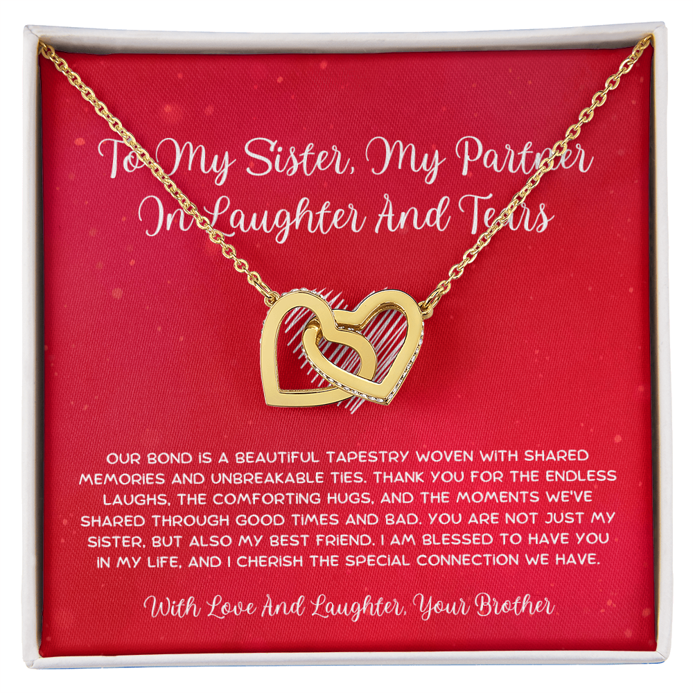 To My Sister, My Partner In Laughter And Tears - From Brother To Sister Interlocking Hearts Necklace