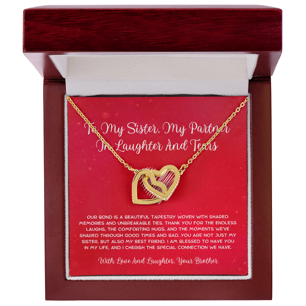 To My Sister, My Partner In Laughter And Tears - From Brother To Sister Interlocking Hearts Necklace