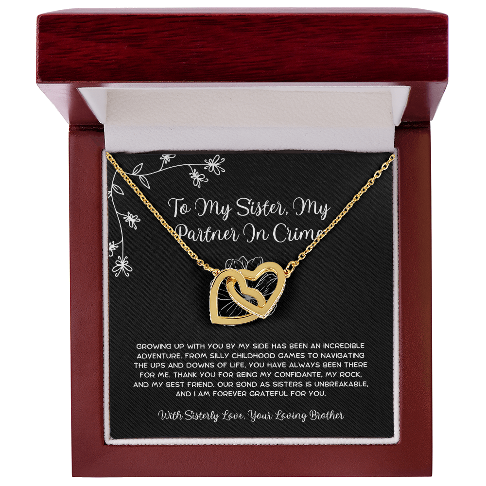 To My Sister, My Partner In Crime - From Brother To Sister Interlocking Hearts Necklace