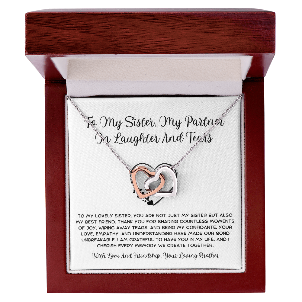 To My Sister, My Partner ln Laughter And Tears - From Brother To Sister Interlocking Hearts Necklace