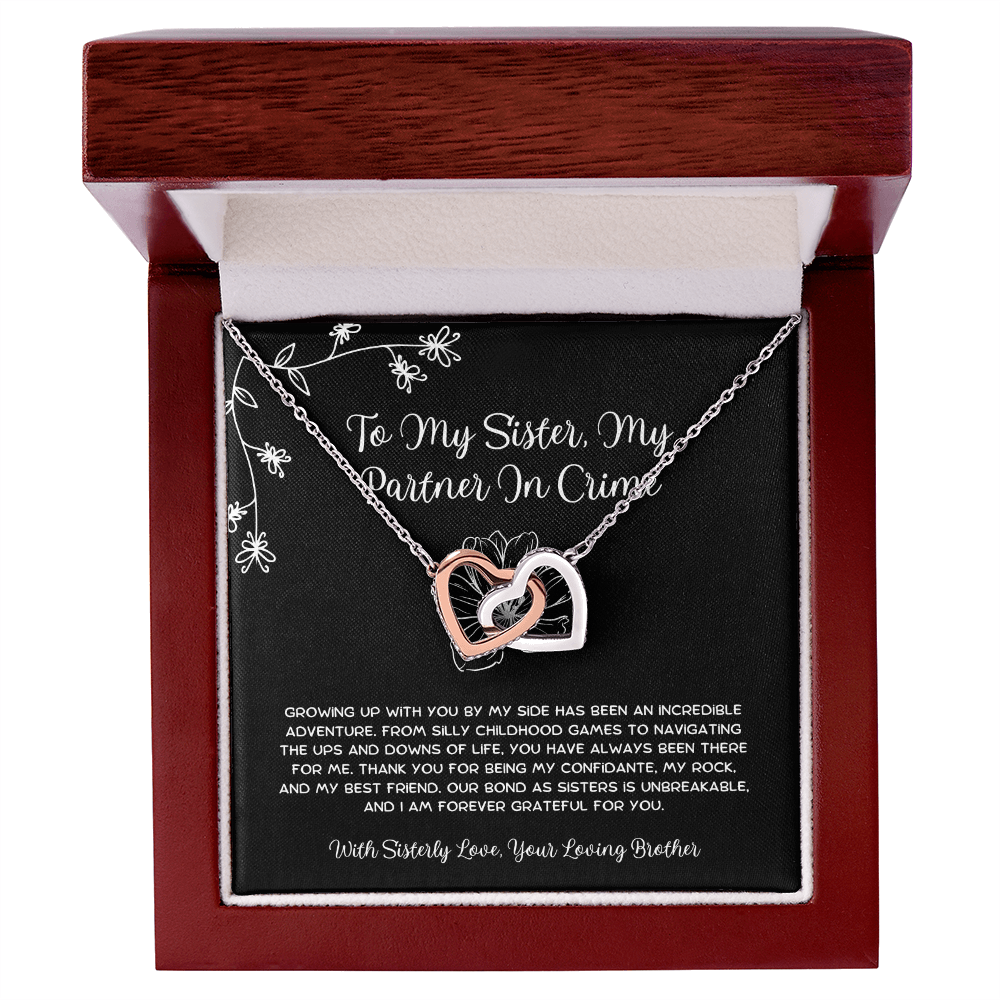 To My Sister, My Partner In Crime - From Brother To Sister Interlocking Hearts Necklace