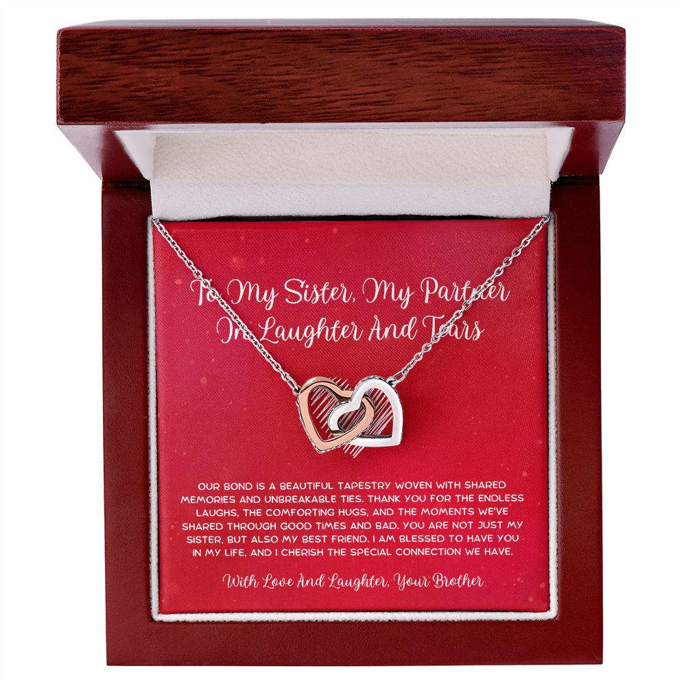 To My Sister, My Partner In Laughter And Tears - From Brother To Sister Interlocking Hearts Necklace