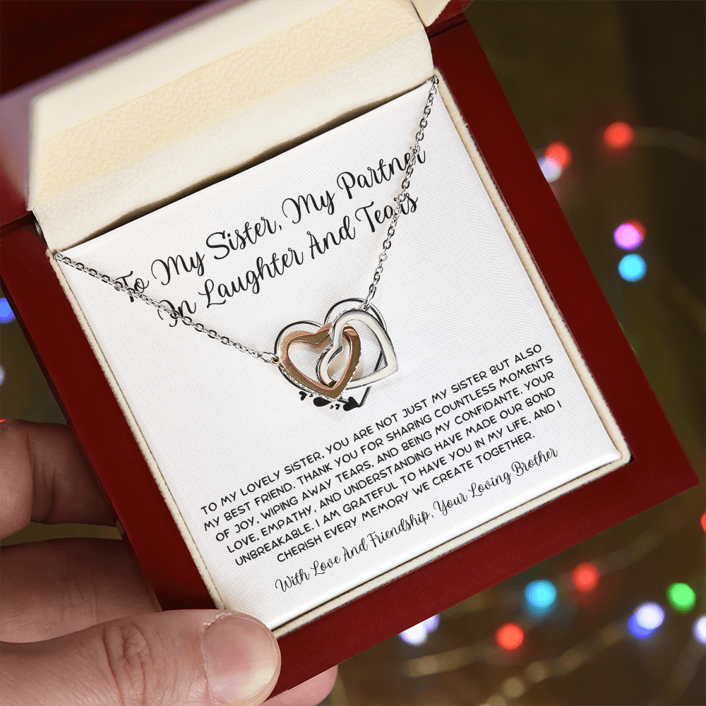 To My Sister, My Partner ln Laughter And Tears - From Brother To Sister Interlocking Hearts Necklace