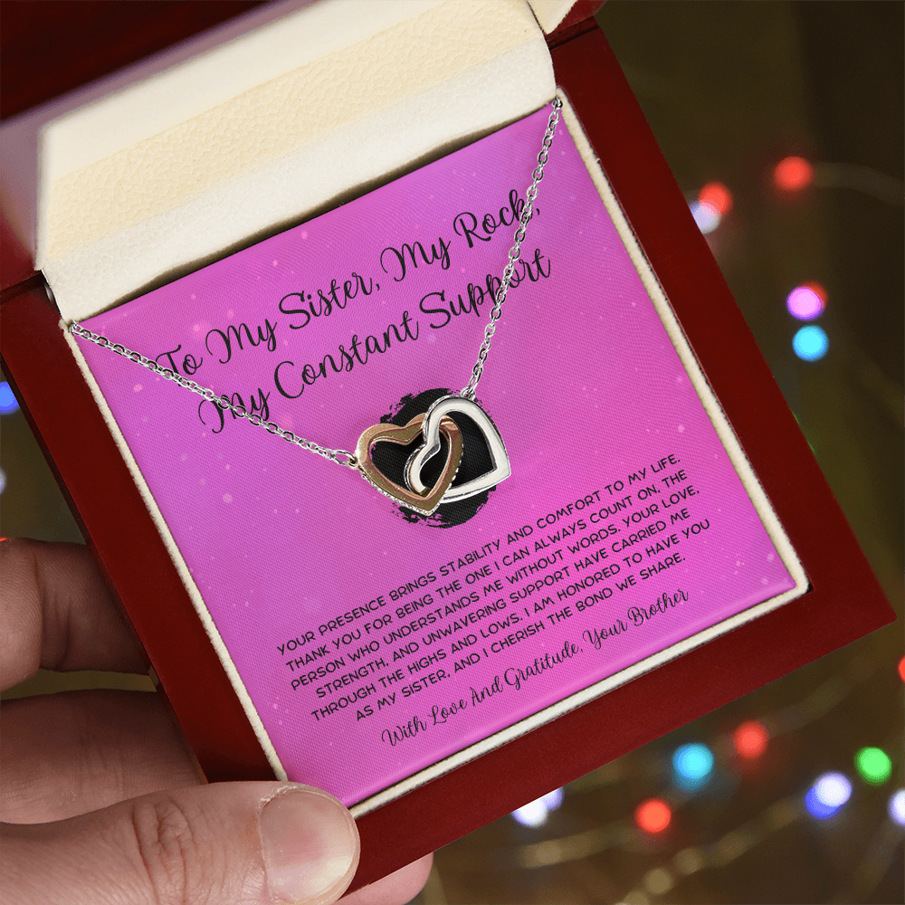 To My Sister, My Rock, My Constant Support - From Brother To Sister Interlocking Hearts Necklace