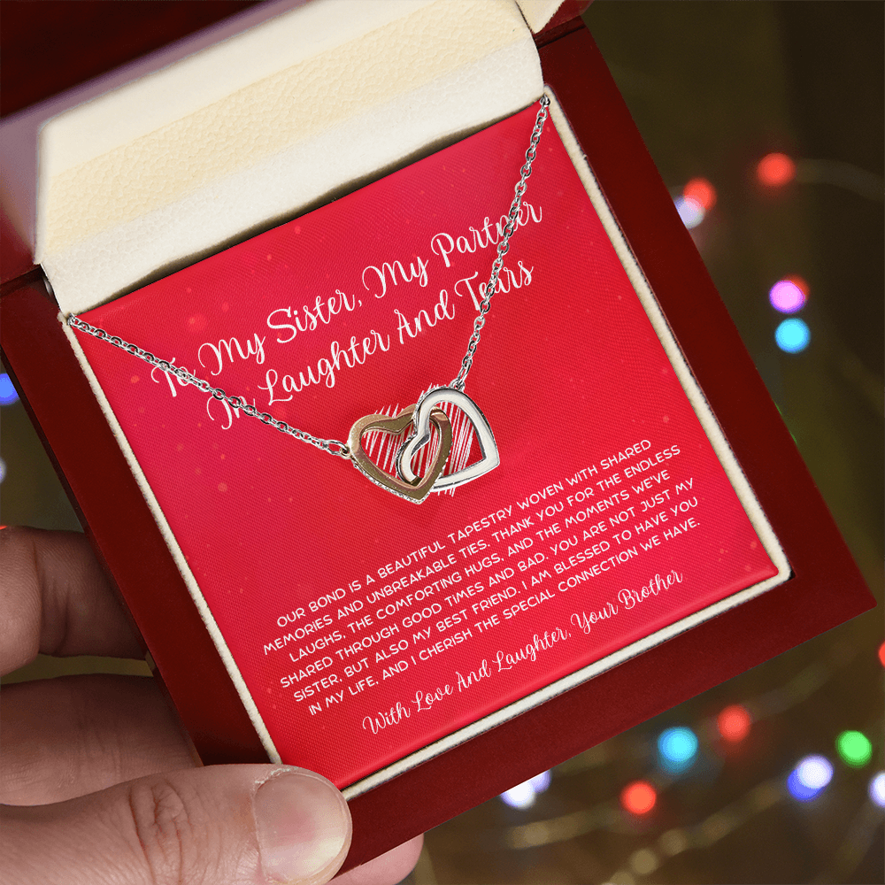To My Sister, My Partner In Laughter And Tears - From Brother To Sister Interlocking Hearts Necklace