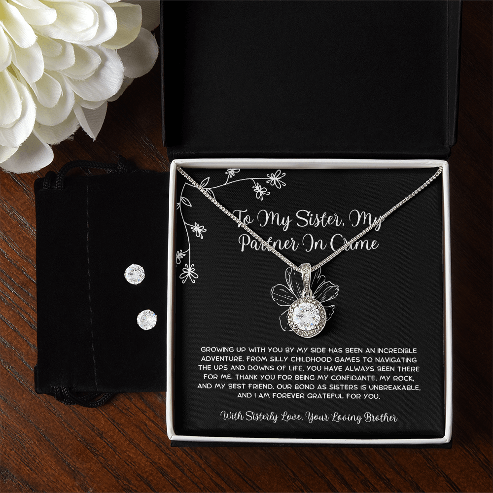 To My Sister, My Partner In Crime - From Brother To Sister Eternal Hope Necklace With Earrings