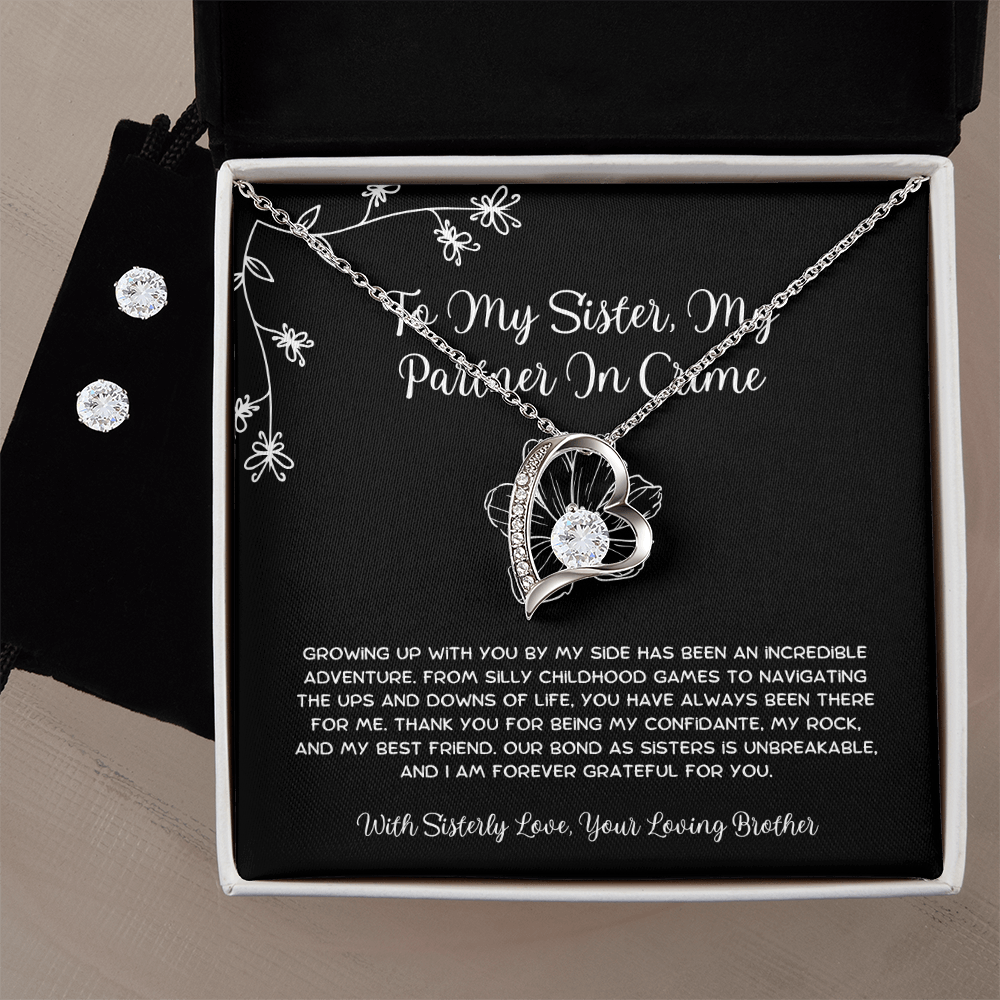 To My Sister, My Partner In Crime - From Brother To Sister Forever Love Necklace With Earrings