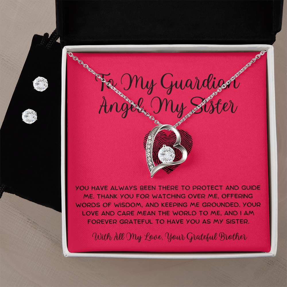 To My Guardian Angel, My Sister - From Brother To Sister Forever Love Necklace With Earrings