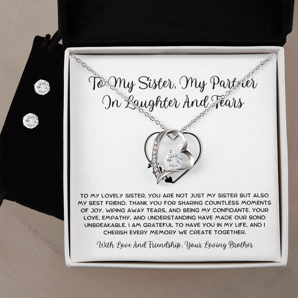 To My Sister, My Partner ln Laughter And Tears - From Brother To Sister Forever Love Necklace With Earrings