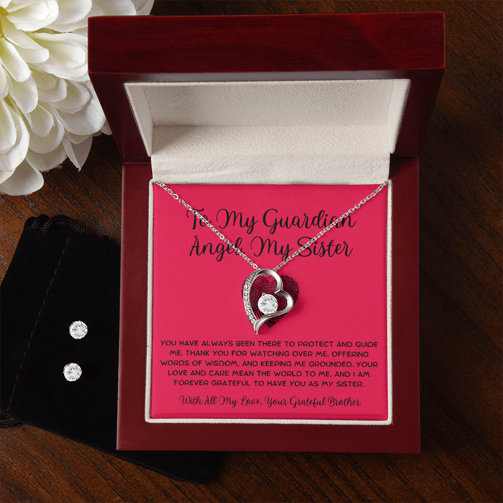 To My Guardian Angel, My Sister - From Brother To Sister Forever Love Necklace With Earrings