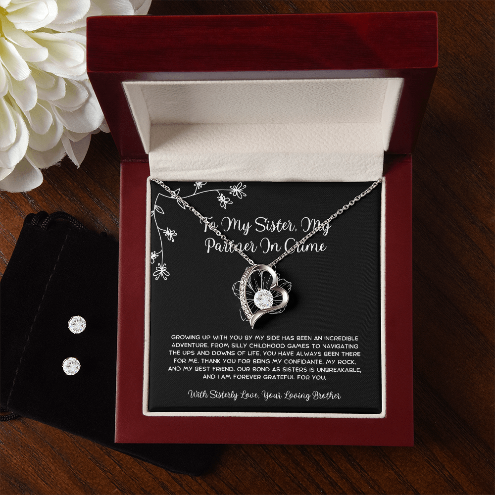 To My Sister, My Partner In Crime - From Brother To Sister Forever Love Necklace With Earrings