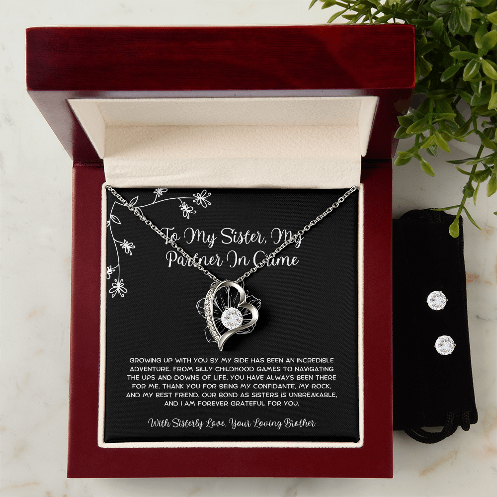 To My Sister, My Partner In Crime - From Brother To Sister Forever Love Necklace With Earrings