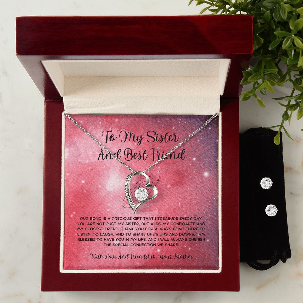 To My Sister And Best Friend - From Brother To Sister Forever Love Necklace With Earrings