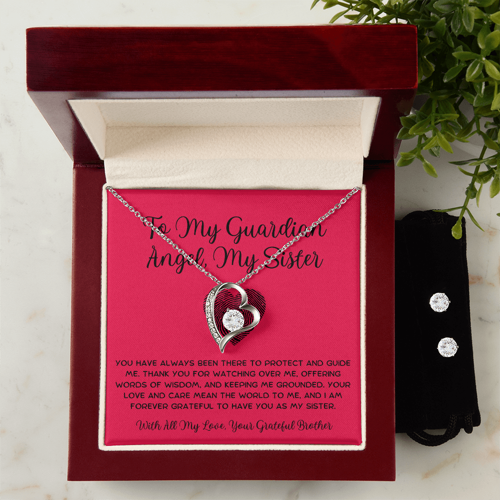 To My Guardian Angel, My Sister - From Brother To Sister Forever Love Necklace With Earrings