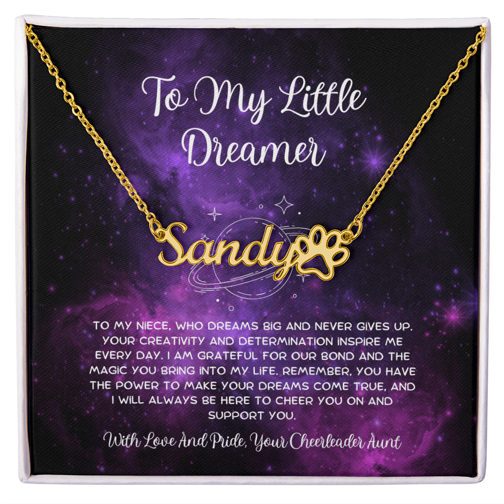 To My Little Dreamer - From Aunt to Niece Paw Print Name Necklace