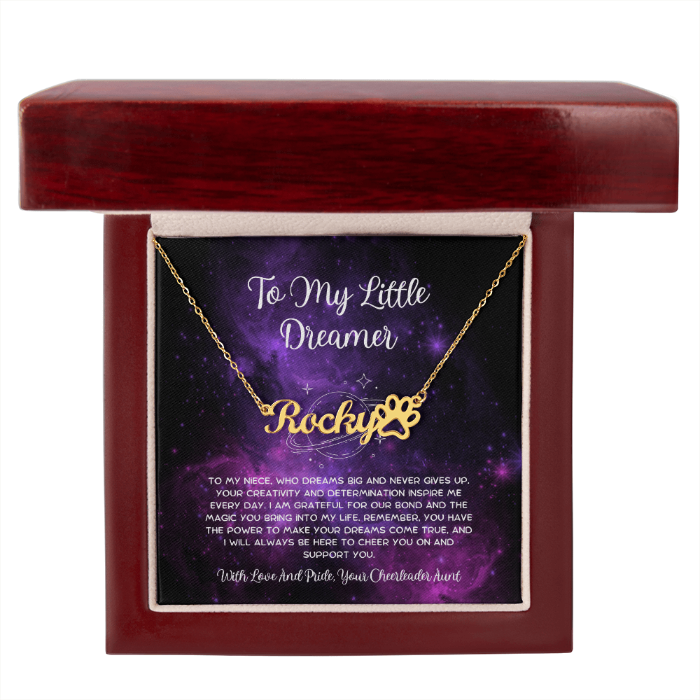 To My Little Dreamer - From Aunt to Niece Paw Print Name Necklace